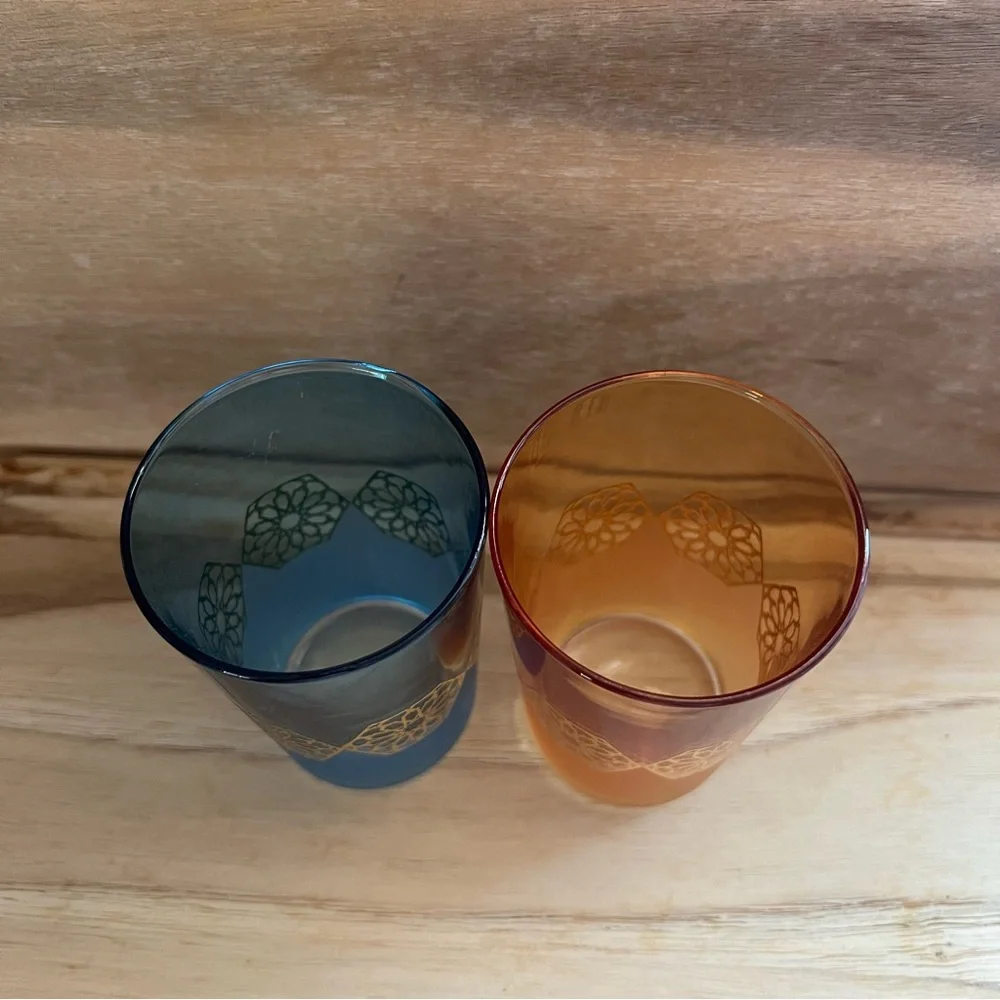 Set of 2 Tradicional Handmade Morrocan Tea Glasses Mandela Colored Gold & Blue